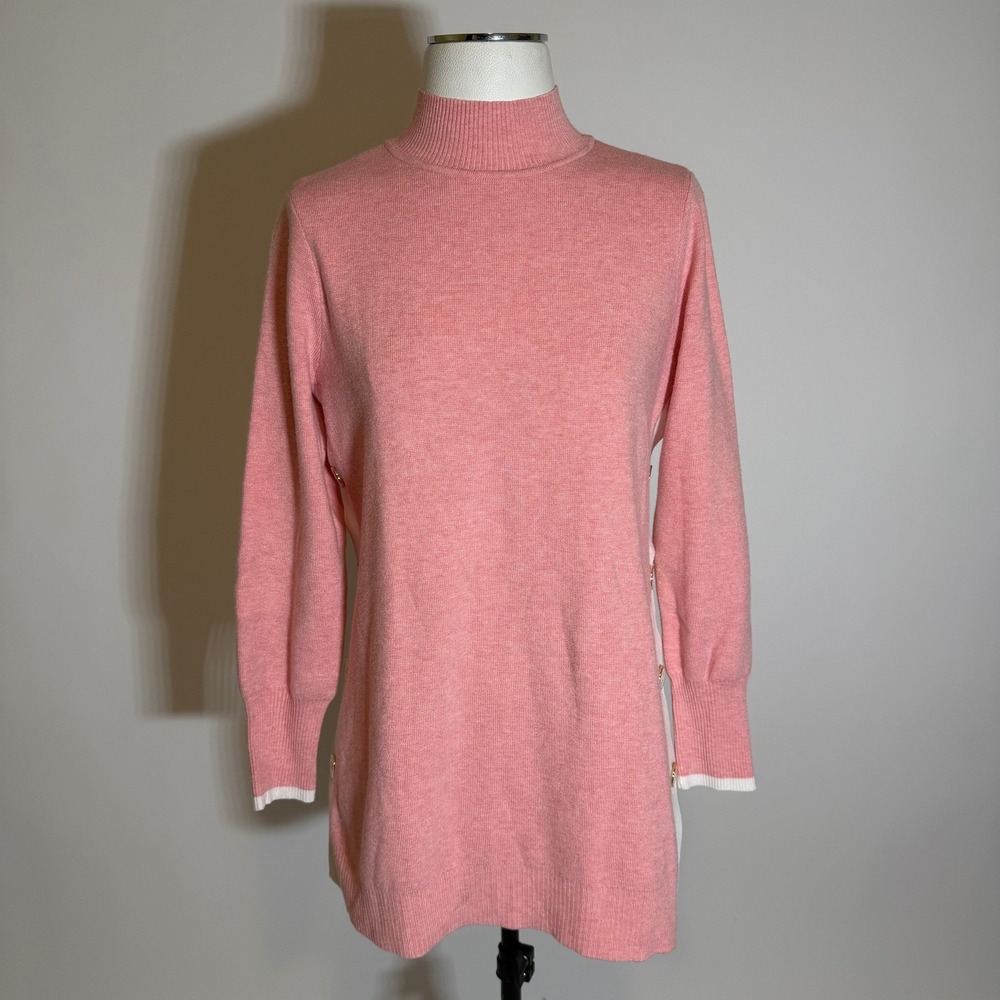 Chicos Cashmere Blend Mock Neck Tunic Sweater Pink Button Detail Womens Sz Small